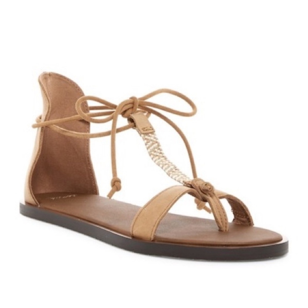 Sanuk Yoga Tierra tan micro suede/fabric ankle wrap gladiator sandals. Size 7